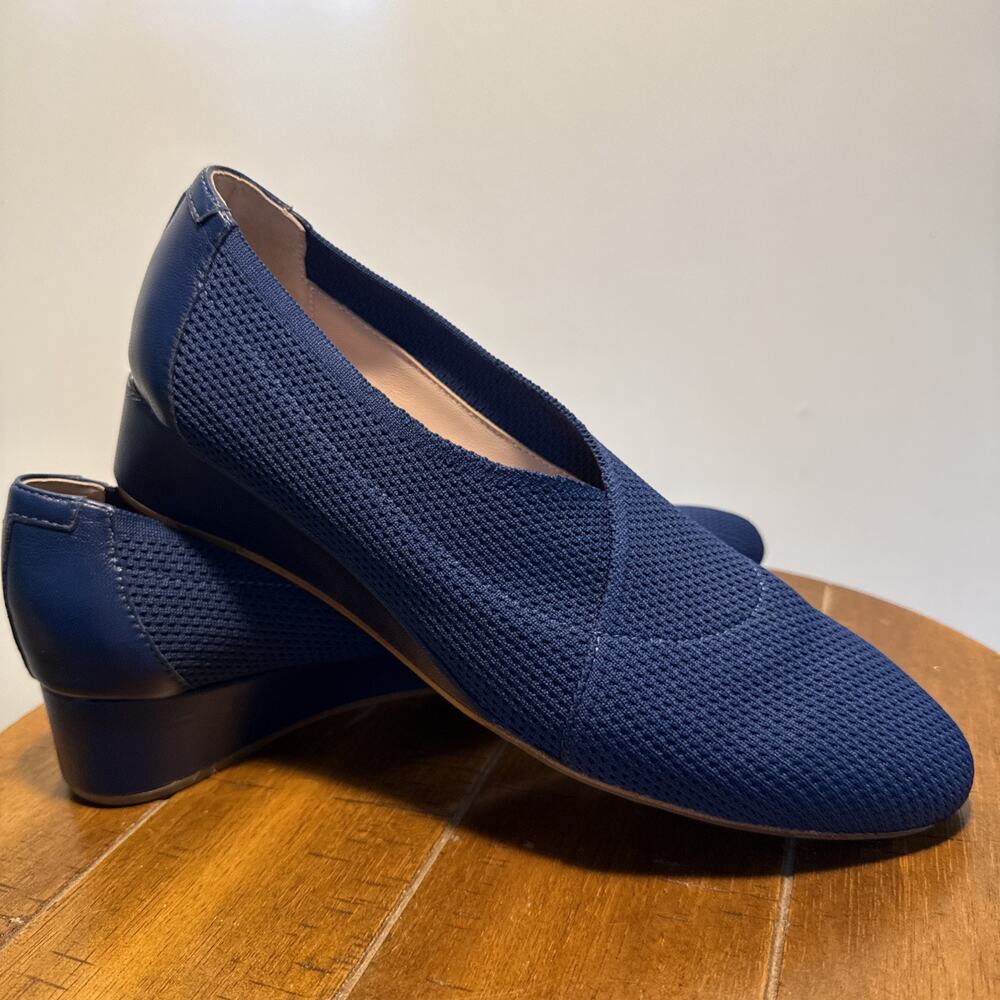 Taryn Rose Womens Navy Knit Stretch Celeste Round Toe Wedge Slip On Pumps Shoes